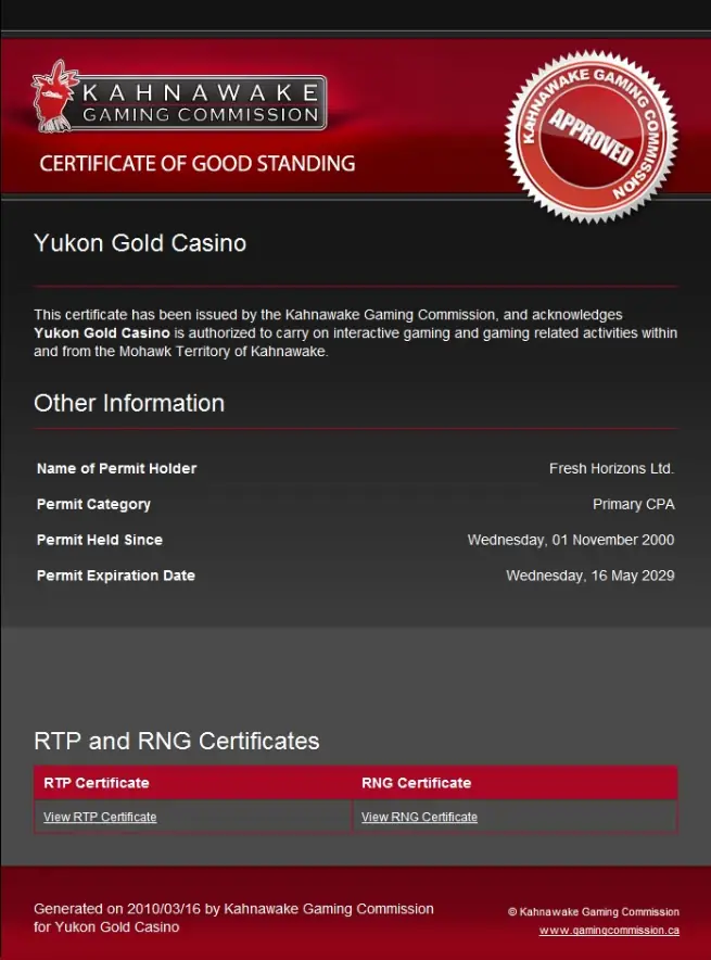 Kahnawake Gaming Commission Certificate Yukon Gold Casino